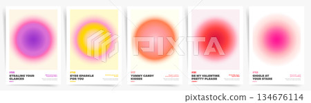 Sweet romantic gradient poster templates for Valentines Day. Soft glowing abstract circle backgrounds in pastel tones for banners, flyers, covers and modern love design projects. 134676114