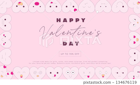 Cute Valentines Day banner and poster template with playful heart characters frame. Soft pink greeting cover design for love sale, romantic promotion, modern holiday card and social media layout. Cute Valentines Day banner and poster template with playful heart characters frame. Soft pink greeting cover design for love sale, romantic promotion, modern holiday card and social media layout. 134676119