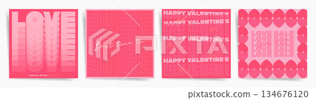 Bold Valentines Day sale poster and banner templates. Modern typographic love covers with geometric patterns, pink palette, promotional backgrounds for marketing, flyers and social media campaigns. 134676120