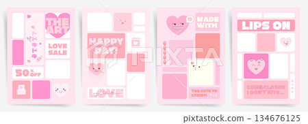 Cute Valentines Day grid poster and banner templates. Playful pink layout with heart characters, kawaii elements and modular blocks for love sale, social media, flyers and modern promotion design. 134676125