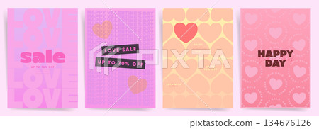 Set of Valentines Day love sale poster templates with gradient backgrounds, heart patterns, up to 70% off promotions, happy day texts in pink, purple, orange pastel colors for holiday cards, covers,  134676126