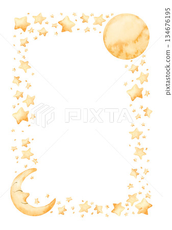 Cute golden moon crescent stars frame. Watercolor hand drawn illustration isolated on white background for baby nursery kids children design holiday print Ramadan card invitation template label logo 134676195