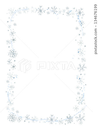 Cute winter snowflakes frame. Falling snow flakes. Watercolor hand drawn illustration isolated on white background for baby nursery kids design holiday print Christmas card invitation template label 134676199