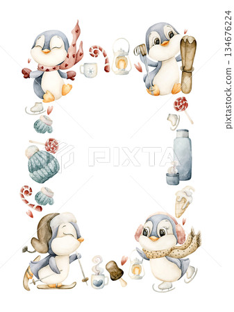 Cute Penguins Winter Fun Sports Frame. Watercolor hand drawn illustration isolated on white background for north design Christmas or Valentine card baby template nursery kids holiday print label logo 134676224