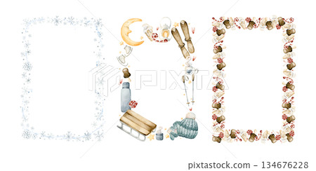 Cute Winter Funs Frames with candy sweets snowflakes. Watercolor hand drawn illustration isolated on white background for kids design Christmas Valentine card baby template nursery holiday print label 134676228
