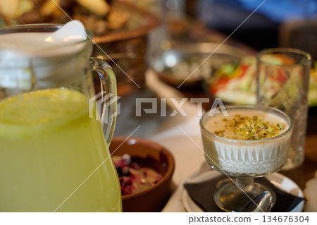 Family gathering for iftar during Ramadan with traditional dishes and drinks served on the table Family gathering for iftar during Ramadan with traditional dishes and drinks served on the table 134676304