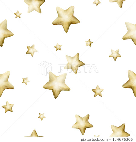 Cute golden stars seamless pattern on white background. Watercolor hand drawn isolated illustration for baby nursery textile kids fabric Muslim holiday Ramadan design print wrapping paper Eid Mubarak 134676306