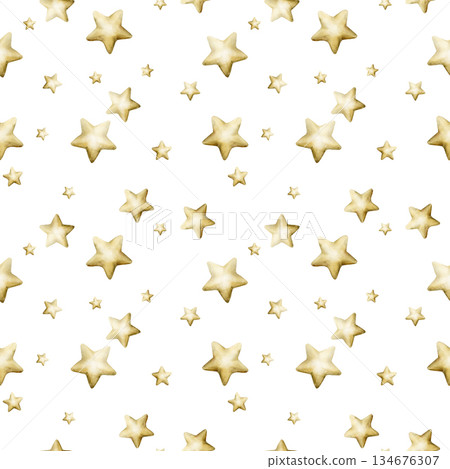 Cute golden stars seamless pattern on white background. Watercolor hand drawn isolated illustration for baby nursery textile kids fabric Muslim holiday Ramadan design print wrapping paper Eid Mubarak Cute golden stars seamless pattern on white background. Watercolor hand drawn isolated illustration for baby nursery textile kids fabric Muslim holiday Ramadan design print wrapping paper Eid Mubarak 134676307