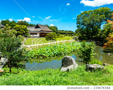 岡山的夏天：後樂園的清爽景色。從花場池眺望圓陽亭。 134676368