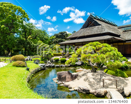Summer in Okayama: Refreshing scenery of Korakuen Garden, blue skies and Enyotei Summer in Okayama: Refreshing scenery of Korakuen Garden, blue skies and Enyotei 134676400