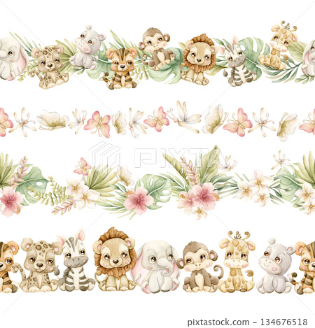 Cute Animals Tropical Plants Seamless Borders Set. Safari Jungle Exotic Flower leaves Watercolor hand painted summer pastel neutral isolated illustration on white background for nursery kids baby card 134676518
