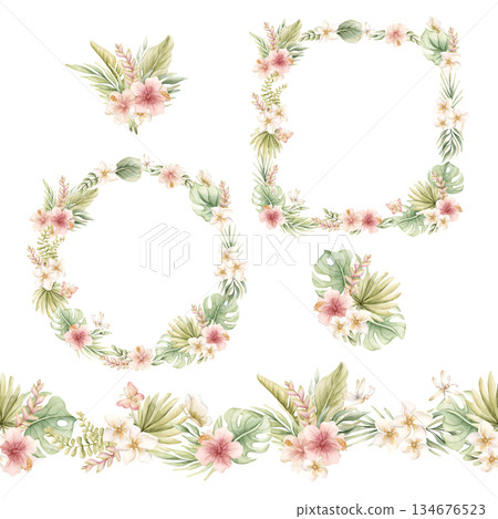 Monstera Palm Leaves Hibiscus Plumeria Flowers wreath frame seamless border set. Tropical Exotic plant Watercolor hand painted summer pastel neutral isolated illustration on white background kids baby Monstera Palm Leaves Hibiscus Plumeria Flowers wreath frame seamless border set. Tropical Exotic plant Watercolor hand painted summer pastel neutral isolated illustration on white background kids baby 134676523