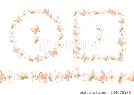 Cute Butterfly Dragonfly Insect Wreath Frame Seamless Border Set. Watercolor hand painted summer pastel neutral isolated illustration on white background for nursery kids baby card whimsical princess 134676526