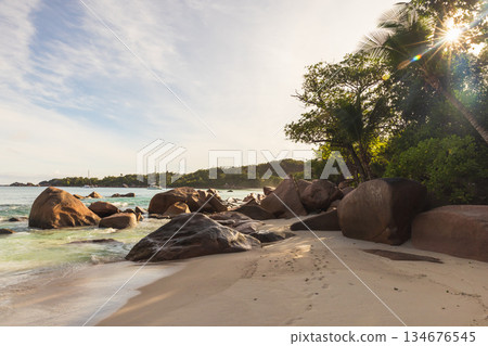 Anse Lazio, Praslin, Seychelles. A serene tropical beach scene Anse Lazio, Praslin, Seychelles. A serene tropical beach scene 134676545