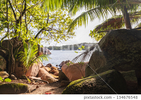 Anse Lazio beach, Praslin island, Seychelles. A serene tropical beach cove 134676548