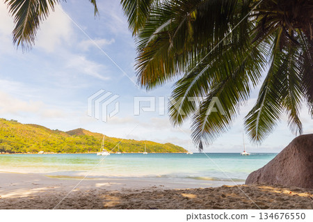 Anse Lazio, Praslin, Seychelles. A sunlit tropical beach scene with turquoise water Anse Lazio, Praslin, Seychelles. A sunlit tropical beach scene with turquoise water 134676550