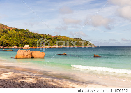Anse Lazio beach, Praslin island, Seychelles. A tranquil tropical beach scene 134676552