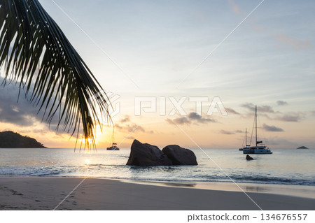 Anse Lazio, Praslin island, Seychelles. A tranquil tropical beach at sunset 134676557
