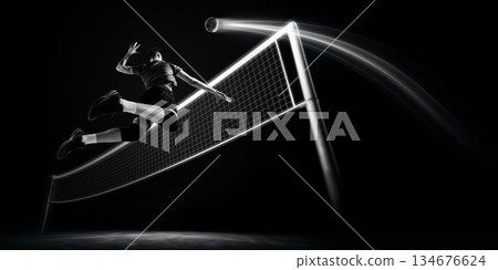 Dramatic composition of volleyball block and flying ball. Dramatic composition of volleyball block and flying ball. 134676624