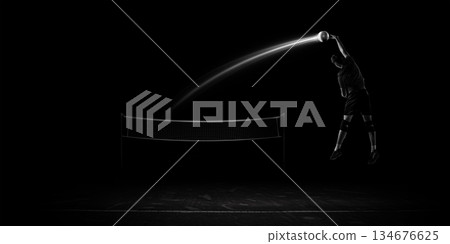 Dynamic artwork of volleyball serve with light trail. Dynamic artwork of volleyball serve with light trail. 134676625