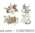 Winter floral arrangements set. Poinsettia flower Holly berry Eucalyptus Gingerbread Houses Crockery. Watercolor hand drawn isolated illustration on white background for Christmas design holiday print 134676659