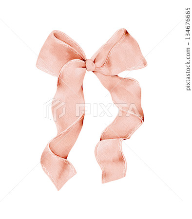 Watercolor pink ribbon bow isolated clipart. Hand painted illustration. Decorative element for gift wrapping, invitations, greeting cards, feminine branding, packaging and romantic design projects. 134676665