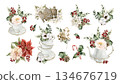 Winter floral arrangement set. Poinsettia flower Holly berry Eucalyptus Gingerbread Cookies Crockery. Watercolor hand drawn isolated illustration on white background for Christmas design holiday print 134676719