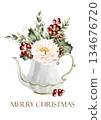 White Peony with Pine Cones Holly Berry Eucalyptus in porcelain teapot greeting card Winter arrangement. Watercolor hand drawn isolated illustration on white for Christmas design cozy holiday print 134676720