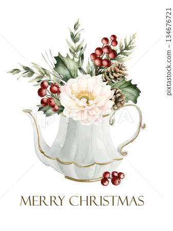 White Peony with Pine Cones Holly Berry Eucalyptus in porcelain teapot greeting card Winter arrangement. Watercolor hand drawn isolated illustration on white for Christmas design cozy holiday print 134676721