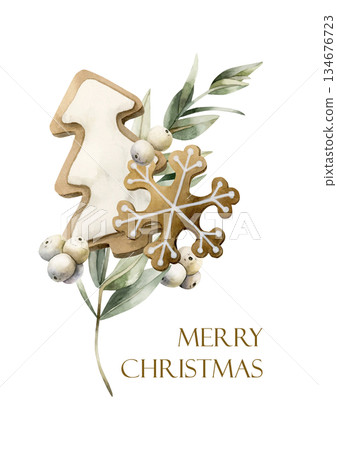 Gingerbread Christmas tree snowflake cookies with Eucalyptus branch Mistletoe berries greeting card. Watercolor hand drawn isolated illustration on white background for winter design holiday print 134676723