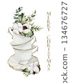 Cotton Eucalyptus Holly berry leaves in white porcelain cups greeting card. Winter Watercolor hand drawn isolated illustration on white background for Christmas design holiday print cozy home textile 134676727