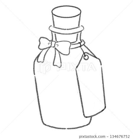 Illustration of a small bottle with a ribbon and tag 134676752