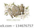 Gingerbread house cookie with Poinsettia flowers and Mistletoe berries greeting card. Watercolor hand drawn isolated illustration on white background for winter Christmas design holiday print textile 134676757