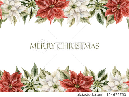 Poinsettia Flowers greeting card. Traditional Christmas Winter Decoration Plants. Watercolor hand drawn isolated vintage floral illustration for Christmas winter design holiday prints New Year Poinsettia Flowers greeting card. Traditional Christmas Winter Decoration Plants. Watercolor hand drawn isolated vintage floral illustration for Christmas winter design holiday prints New Year 134676760