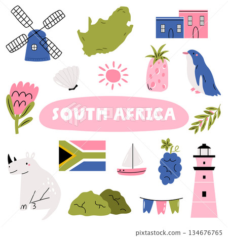 South Africa Icon Set. Cute Symbols, Nature Elements. Travel Vector Illustration for Prints, Posters South Africa Icon Set. Cute Symbols, Nature Elements. Travel Vector Illustration for Prints, Posters 134676765