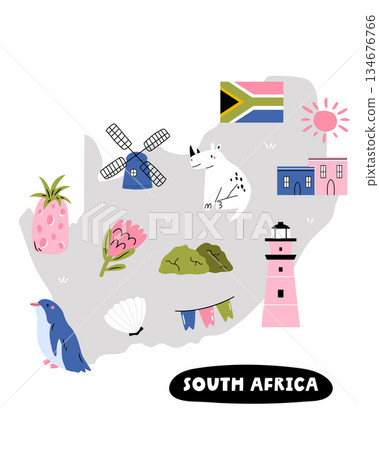 South Africa illustrated Map with African Symbols. Cute Travel Vector Illustration for Prints, Posters South Africa illustrated Map with African Symbols. Cute Travel Vector Illustration for Prints, Posters 134676766