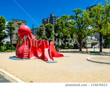 A fun park with an octopus slide 134676813