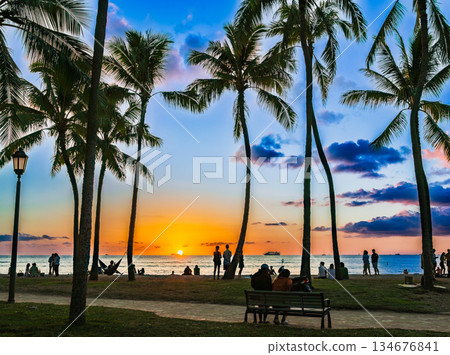 Sun set of Hawaii Waikiki Beach 134676841