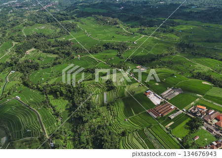 Overhead View Of Verdant Agricultural Terraces With Winding Roads Overhead View Of Verdant Agricultural Terraces With Winding Roads 134676943