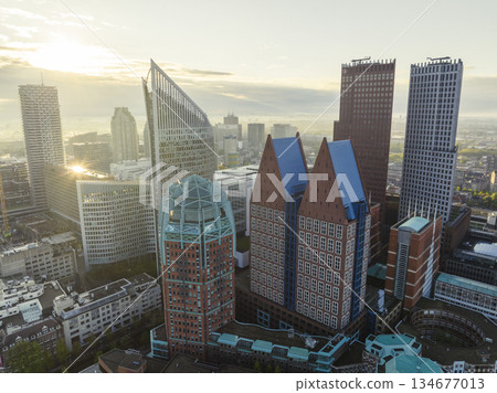 Den Haag, Holland. Business center of The Hague, Netherlands. Cloudy Morning in Summer day, Aerial Drone View. 134677013