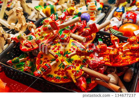 Traditional Christmas souvenir nutcrackers sold on Christmas market Traditional Christmas souvenir nutcrackers sold on Christmas market 134677237