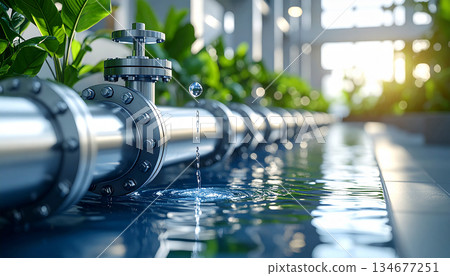 Industrial Water Pipe Flowing Into a Trough in a Modern Plant Environment. 134677251