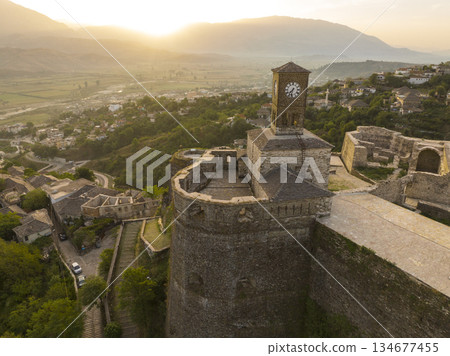 Gjirokaster castle with Clock tower, ottoman architecture houses in Albania, Unesco World Heritage Site, ancient town 134677455