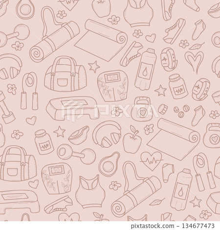Outline Fitness Seamless Doodle Pattern. Repeating linear hand-drawn Sport Equipment And Accessories Background. Vector Illustration. Not AI Outline Fitness Seamless Doodle Pattern. Repeating linear hand-drawn Sport Equipment And Accessories Background. Vector Illustration. Not AI 134677473