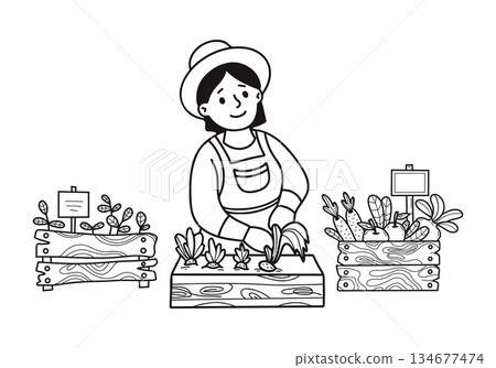 Gardener Woman with Vegetable Crates Hand Drawn. Black Outline Farmer Girl at Market for Coloring Page. Vector Illustration. Not AI 134677474