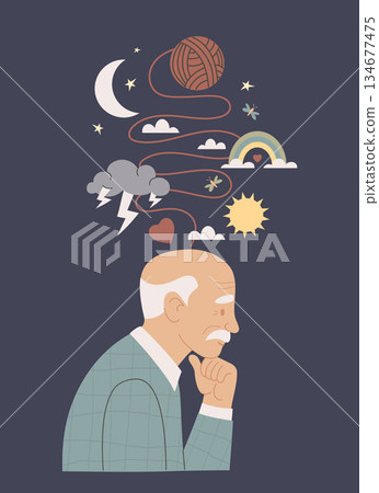 Mental Health Concept of Senior Man. Elderly Person Thinking with Tangled String of Emotions, Memories, and Life Experiences. Therapy and Emotions. Vector Illustration in Flat retro color. Not AI Mental Health Concept of Senior Man. Elderly Person Thinking with Tangled String of Emotions, Memories, and Life Experiences. Therapy and Emotions. Vector Illustration in Flat retro color. Not AI 134677475
