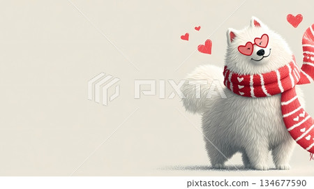 Charming white dog in romantic winter scene, Valentine Playful dog adorned with scarf beside heart design postcard 134677590