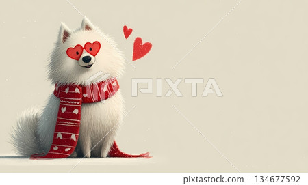 Charming white dog in romantic winter scene, Valentine Playful dog adorned with scarf beside heart design postcard 134677592