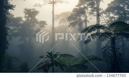 Misty Fern Forest Morning Light 4K AI 134677705