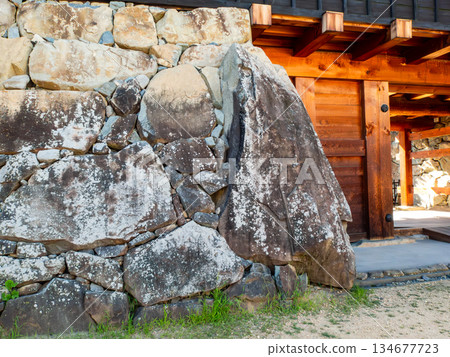 Refreshing summer scenery of Matsumoto Castle: The solemn stone walls of the Taikomon Gate 134677723